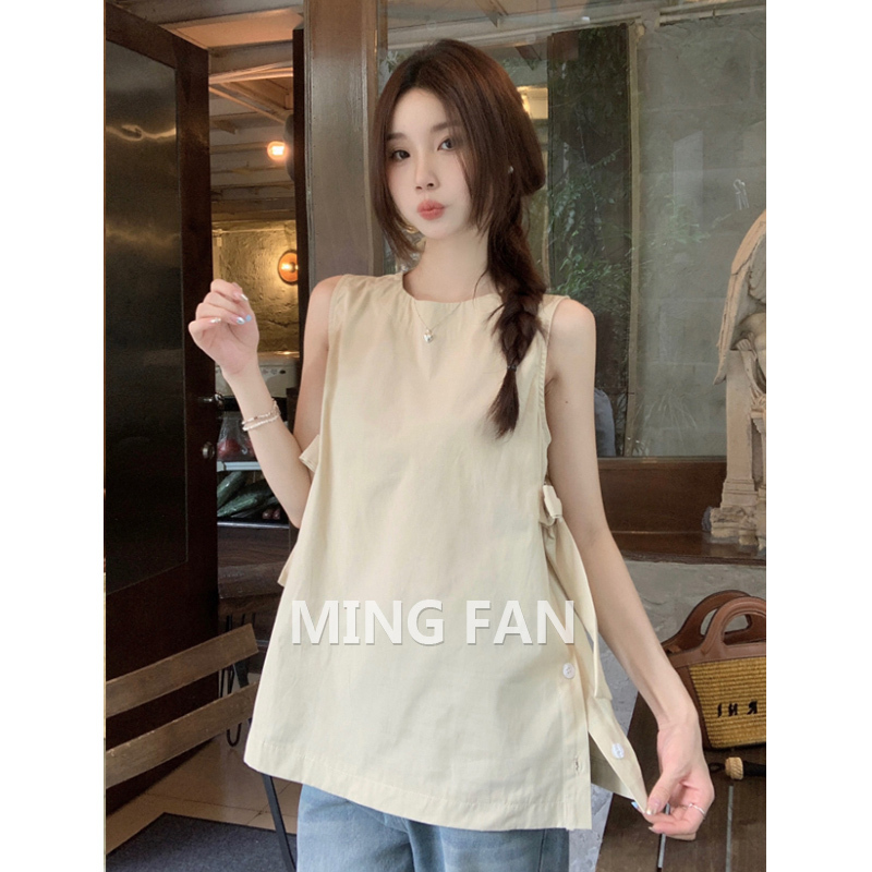 2026 Summer New Women's French Retro Round Neck Design Tie Vest Side Button Sleeveless Shirt Top