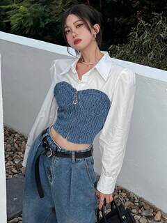 G2025 spring and autumn new women's slim fit short top spliced denim fake two-piece puff sleeve shirt