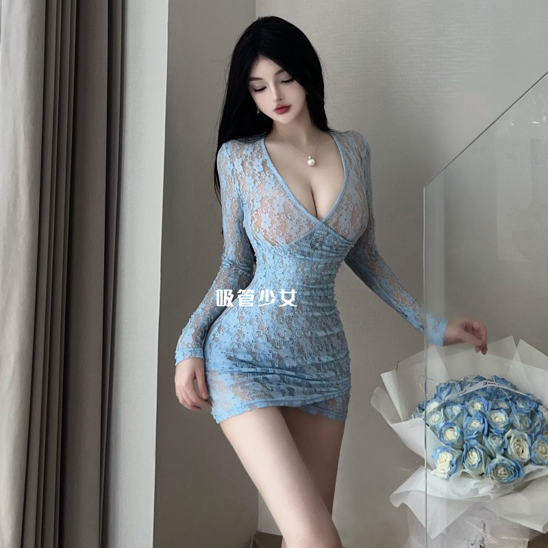Blue Mist Jacaranda Lace See-Through V-Neck Low-Cut Sexy Pure Desire Hot Girl Long-Sleeved Short Skirt Tight-Fitting Bodycon Dress Blue Mist Jacaranda Lace See-Through V-Neck Low-Cut Sexy Pure Desire Hot Girl Long-Sleeved Short Skirt Tight-Fitting Bodycon Dress