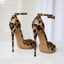 Leopard print buckle strap super high heel sandals 2023 summer stiletto patent leather sexy French size 13CM bed