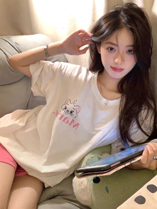 100% Pure Cotton Disney Marie Cat Short-Sleeved T-Shirt for Women Summer Trendy Oversize Loose Casual Top Ins