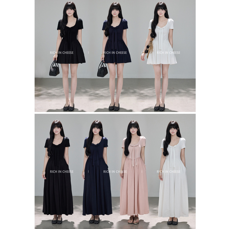 Richincheese Paris Overture French-Style Black High-End Bow Design Long Waist-Cinching Dress
