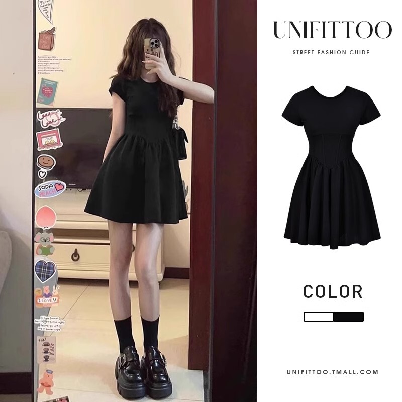French Hepburn Style Black Dress for Women, Summer 2025 New Model, Petite Little Black Dress, Waist-Cinching, Slimming Short Skirt