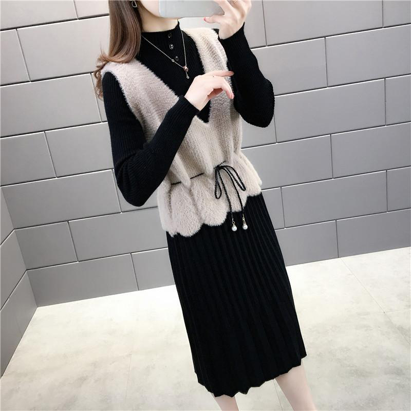 Women's Over-The-Knee Sweater Dress, Autumn and Winter Mink Velvet Vest + Dress Two-Piece Set, Fashionable Vest Knitted Inner Layer Women's Over-The-Knee Sweater Dress, Autumn and Winter Mink Velvet Vest + Dress Two-Piece Set, Fashionable Vest Knitted Inner Layer