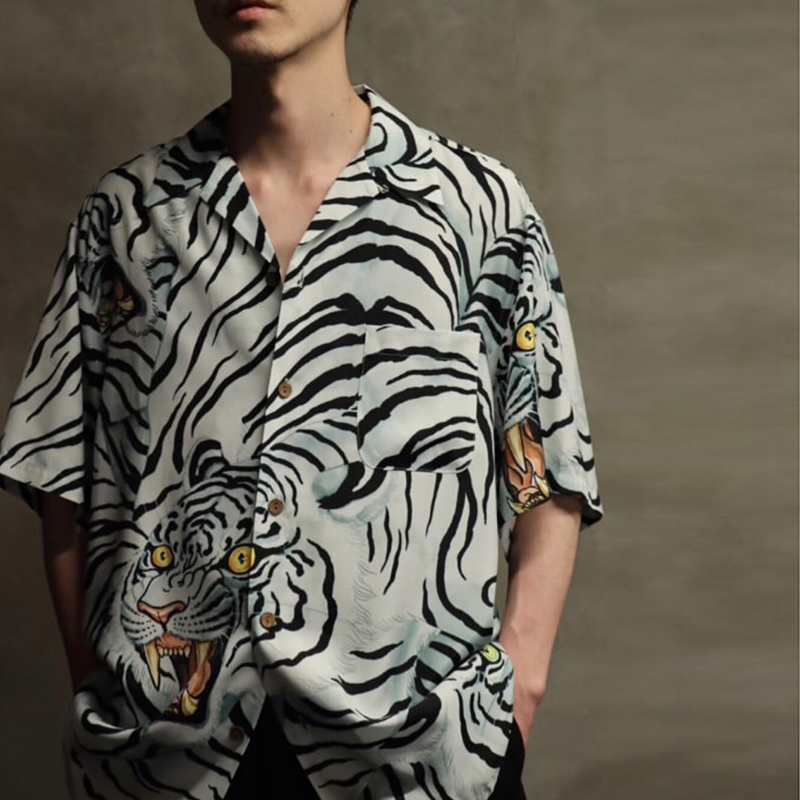 Jiangxin 21Ss Tiger Print Tattoo Casual Printed Rayon Hawaiian Short-Sleeve Shirt for Men