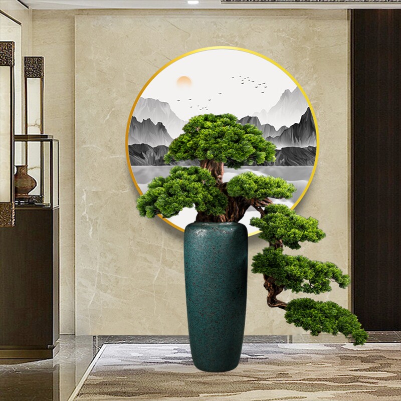 New Chinese Emulation Greet Guests Pine Bonsai Creative Clubhouse Living Room Xuanguan Hotel Large Solid Wood Floor Villa Ornaments-Taobao