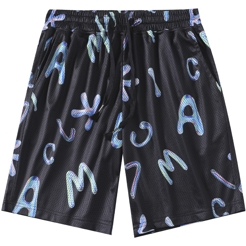 Hong Kong Trendy Brand Full-Print Colorful Letter Print Five-Point Shorts for Men, Multi-Pocket Mesh Sports Thin Loose Shorts