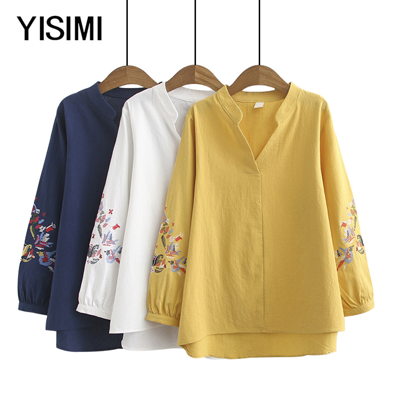 Spring and autumn new gats to increase code V collar embroidered long sleeve T-shirt female middle-aged fat mother 200 catty to wear blouses