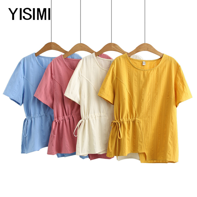 Summer's new mid-age large size female dress fat mom 200 catty can wear irregular downswing to collect waist short sleeve T-shirt blouse