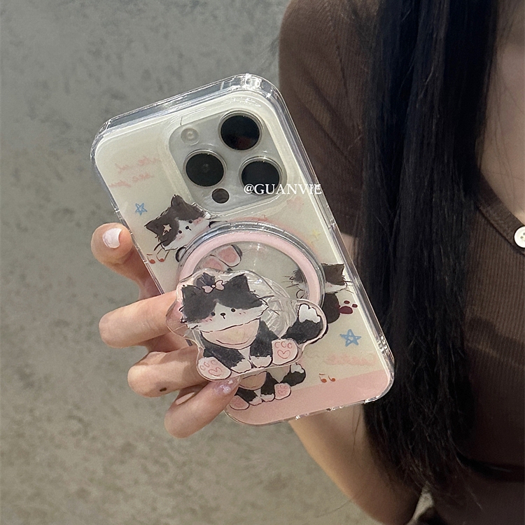 Pink Cow Cat Magnetic Stand Suitable for S24Fe Samsung S24 Ultra Phone Case A55/Note20 Cute A22 5G/A53/A54 Creative S10 Soft S20/S23/S21+S9/S8