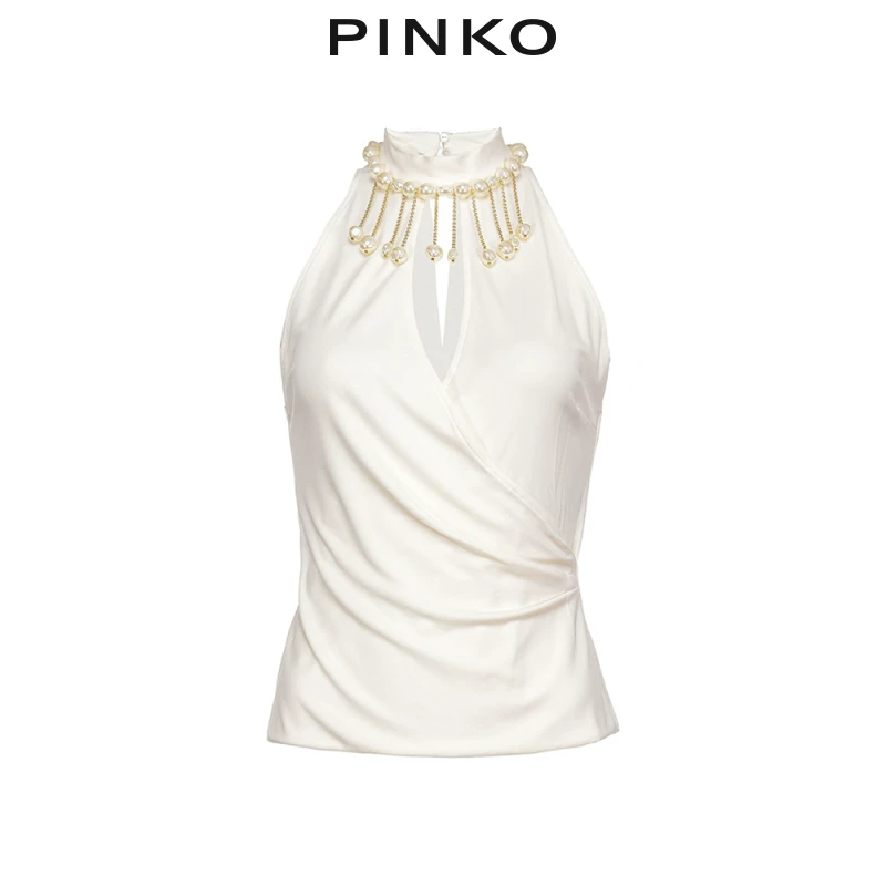 PINKO 2021 весна-лето новая женская блузка с жемчужной подвеской на шейке-халтер без рукавов wrap топ 1G15VKY6X3