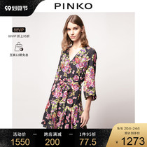 PINKO Womens Romantic Fashion Rose Print V-Neck Lantern Sleeve Short Dress 1N13F8A00X