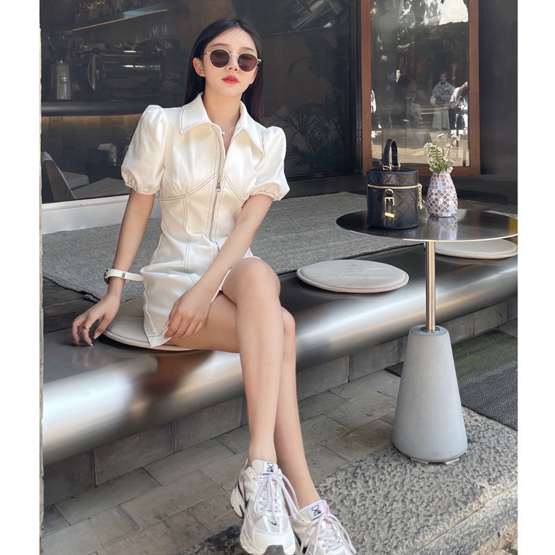 Superior Design of Small French Renaissance Dress White Bubble Sleeve Polo Jean Dress Summer