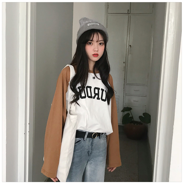 Áo thun dài tay nữ phong cách Harajuku mùa thu mới phiên bản Hàn Quốc của ulzzang lỏng màu hoang dã phù hợp với quần áo chạm đáy áo thủy triều áo thun zara nữ
