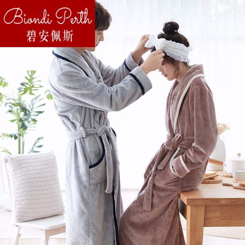 Men's winter sleeping robes thicken women's autumn and winter pyjamas winter couples long with velvet outwear Coral Fleece 1224b-Taobao