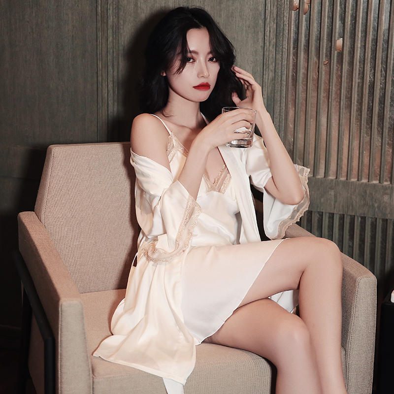 Spring and autumn sexy pajamas women's summer two-piece suspenders chest pad nightdress pure desire ice silk nightgown emotional home service thin section