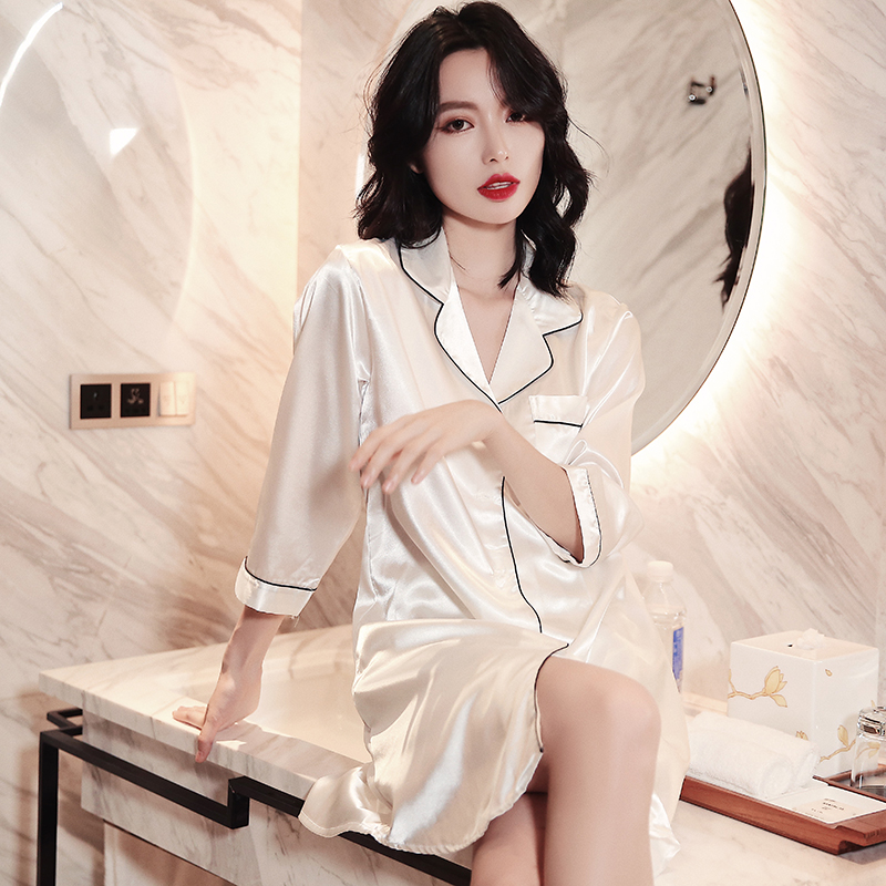 Shirt, nightdress, female boyfriend style, white pajamas, sexy outerwear, summer ice silk shirt, simple home service, spring and autumn