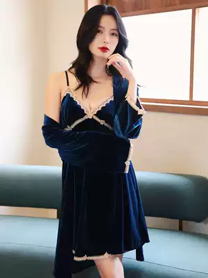 Pajamas Women Autumn 2021 New Gold Velvet Set Sexy Nightdress with Chest Pad Winter Thin Coral Velvet Two Piece