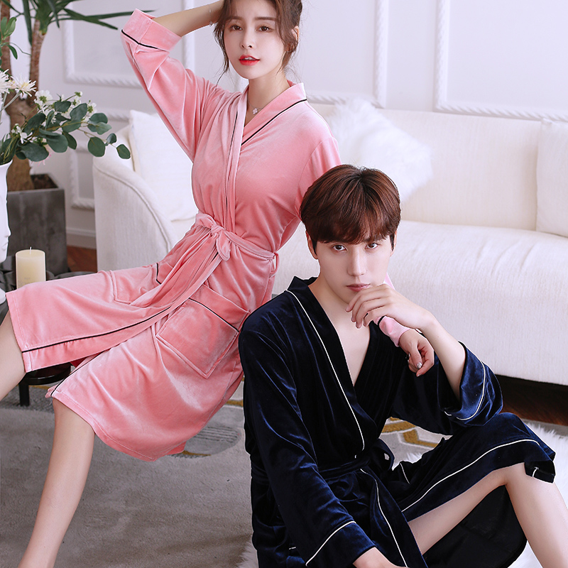 Autumn and winter couple's nightgown women's gold velvet bathrobe spring long-sleeved men's thin coral fleece pajamas winter bathrobe long section