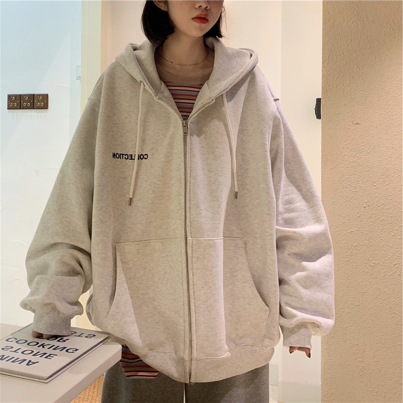 ins super fire sweater women's autumn and winter Korean version plus velvet thickened hooded zipper shirt jacket tide student loose clothes