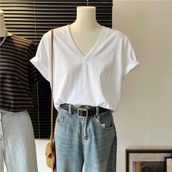 Ins super hot V-neck white pure cotton short-sleeved T-shirt summer design niche simple casual versatile temperament top