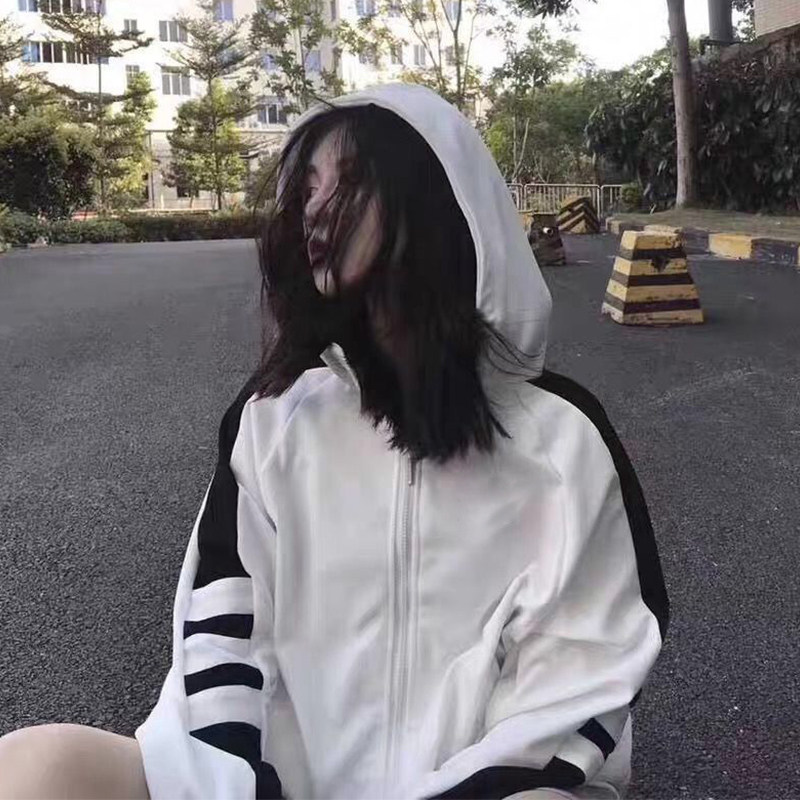 ins overfire sweatshirt woman fall new even cap pull chain splicing thin jacket Korean version wave student loose blouse