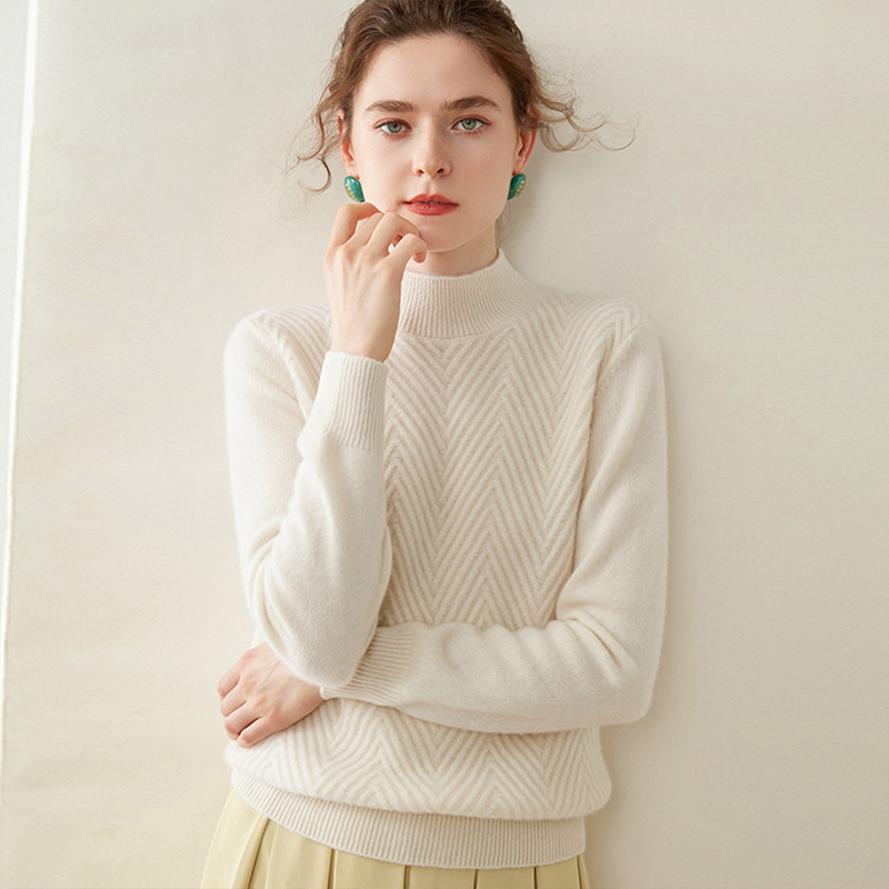 Erdos City Half-Turtleneck Wool Sweater for Women, Thickened Autumn and Winter Lazy Style Knitted Cashmere Base Sweater, Solid Color