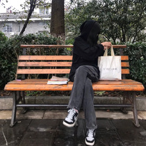 Jeans female smoke gray straight loose thin daddy pants autumn and winter retro high waist wide leg mopping pants trousers