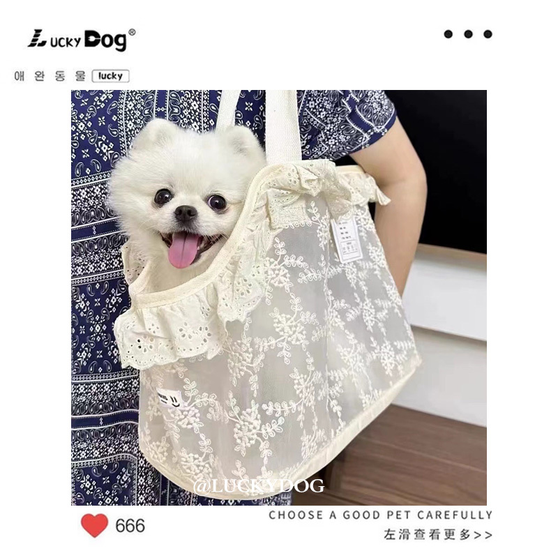 Dog Outing Portable Bag, Summer Breathable Single-Shoulder Tote Bag for Teddy, Bichon, Small Dogs, Lace Mesh Dog Walking Bag