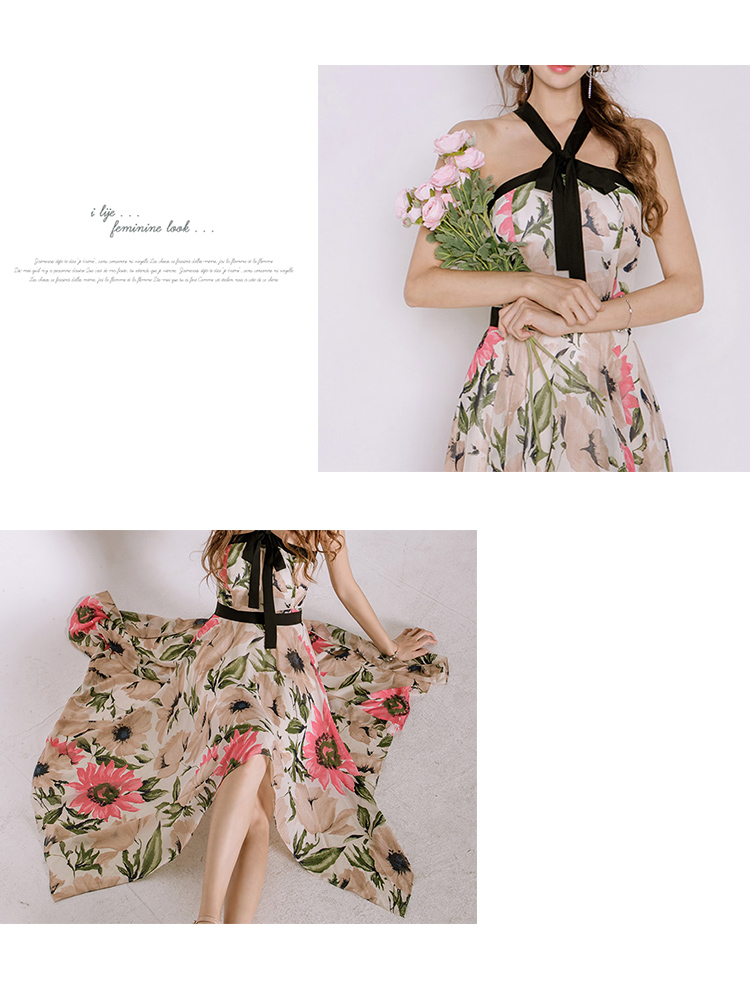 VK旗艦店 韓系碎花露肩掛脖印花不規則系帶無袖洋裝