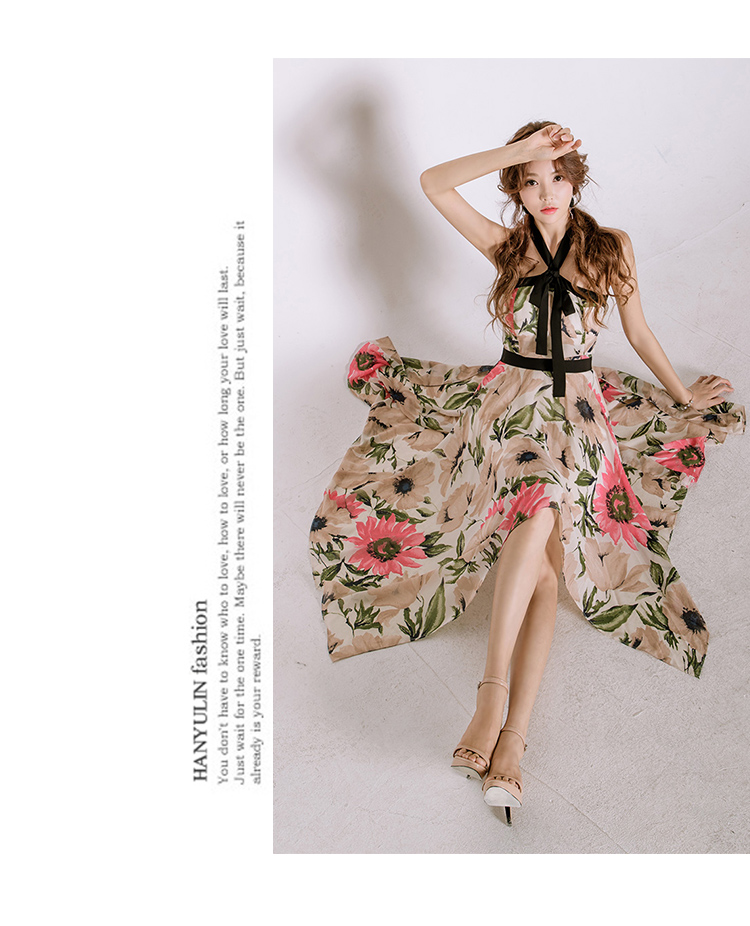 VK旗艦店 韓系碎花露肩掛脖印花不規則系帶無袖洋裝