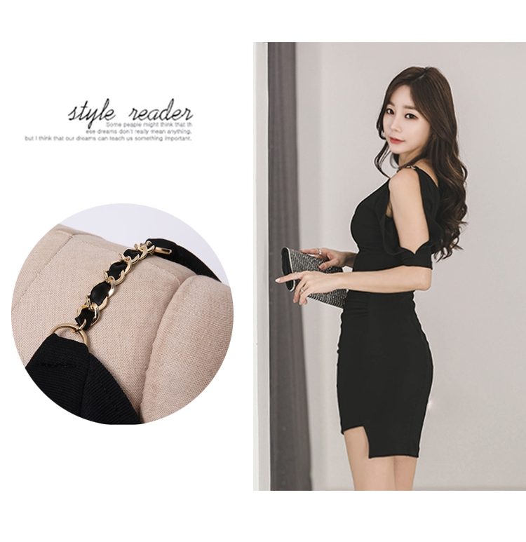 VK旗艦店 韓系時尚V領金屬露肩吊帶修身包臀短袖洋裝