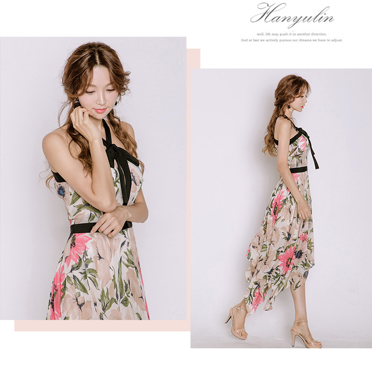VK旗艦店 韓系碎花露肩掛脖印花不規則系帶無袖洋裝