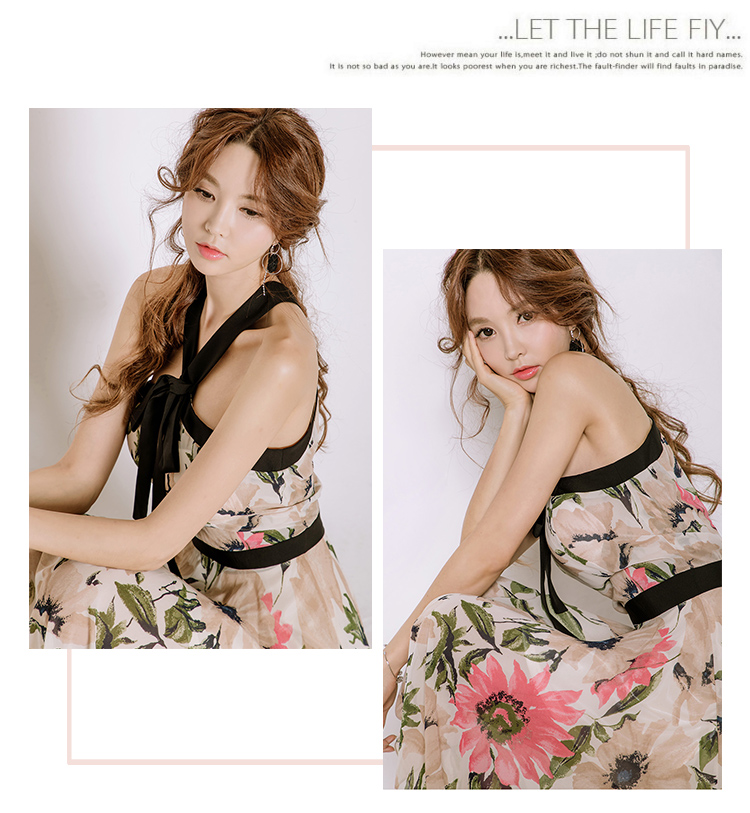VK旗艦店 韓系碎花露肩掛脖印花不規則系帶無袖洋裝