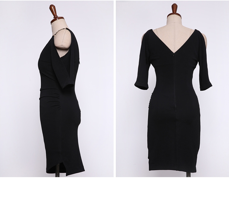 VK旗艦店 韓系時尚V領金屬露肩吊帶修身包臀短袖洋裝