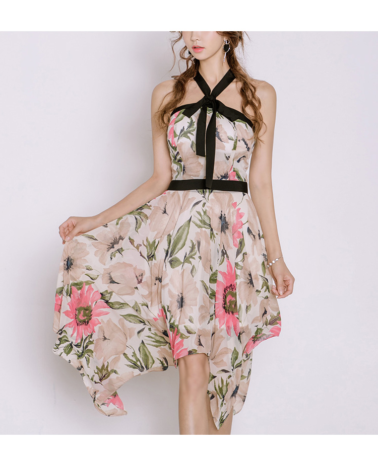 VK旗艦店 韓系碎花露肩掛脖印花不規則系帶無袖洋裝