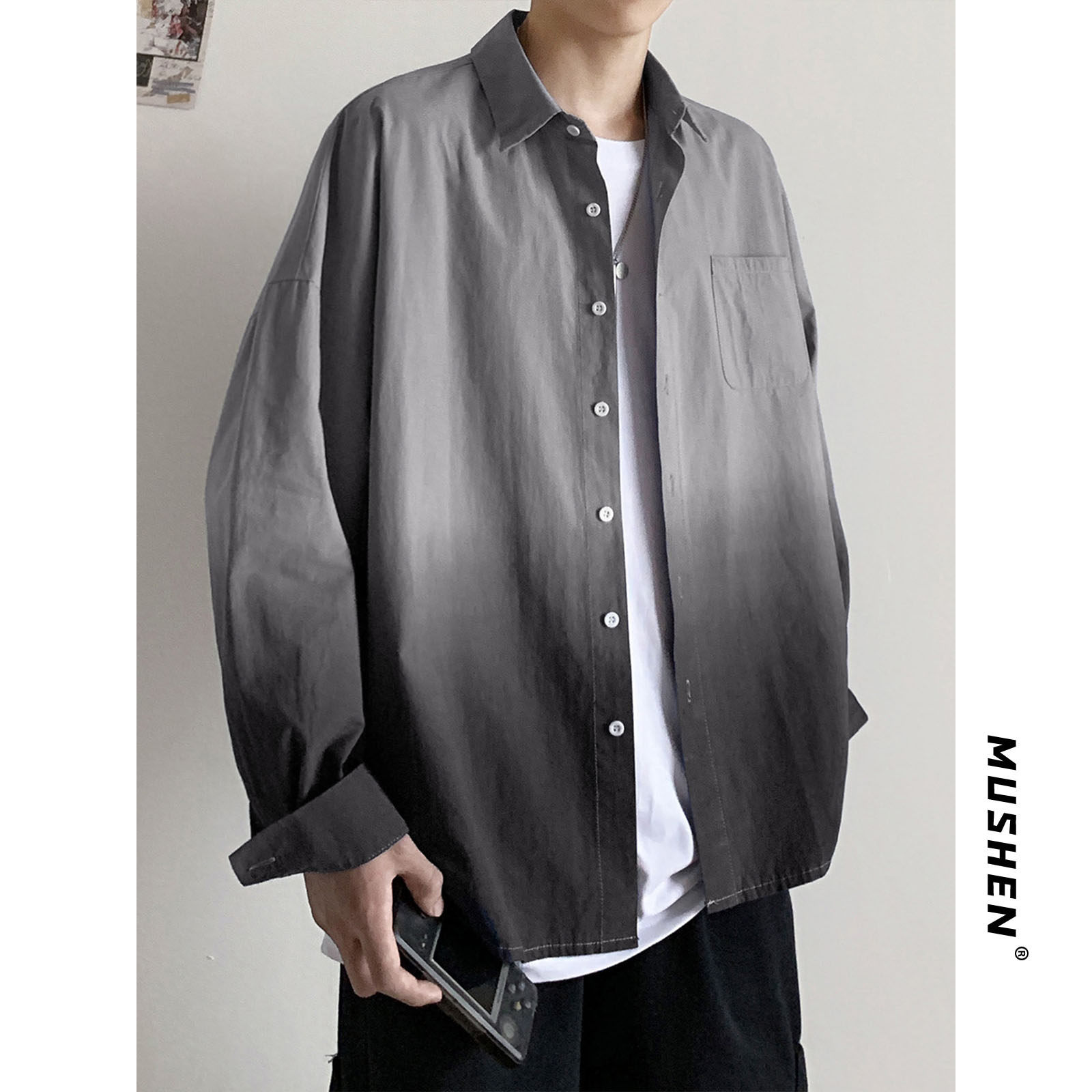 Gradient color cotton drop sense shirt men's Korean version of the trend long-sleeved thin section Ruffian handsome Port wind Japanese loose sunscreen coat