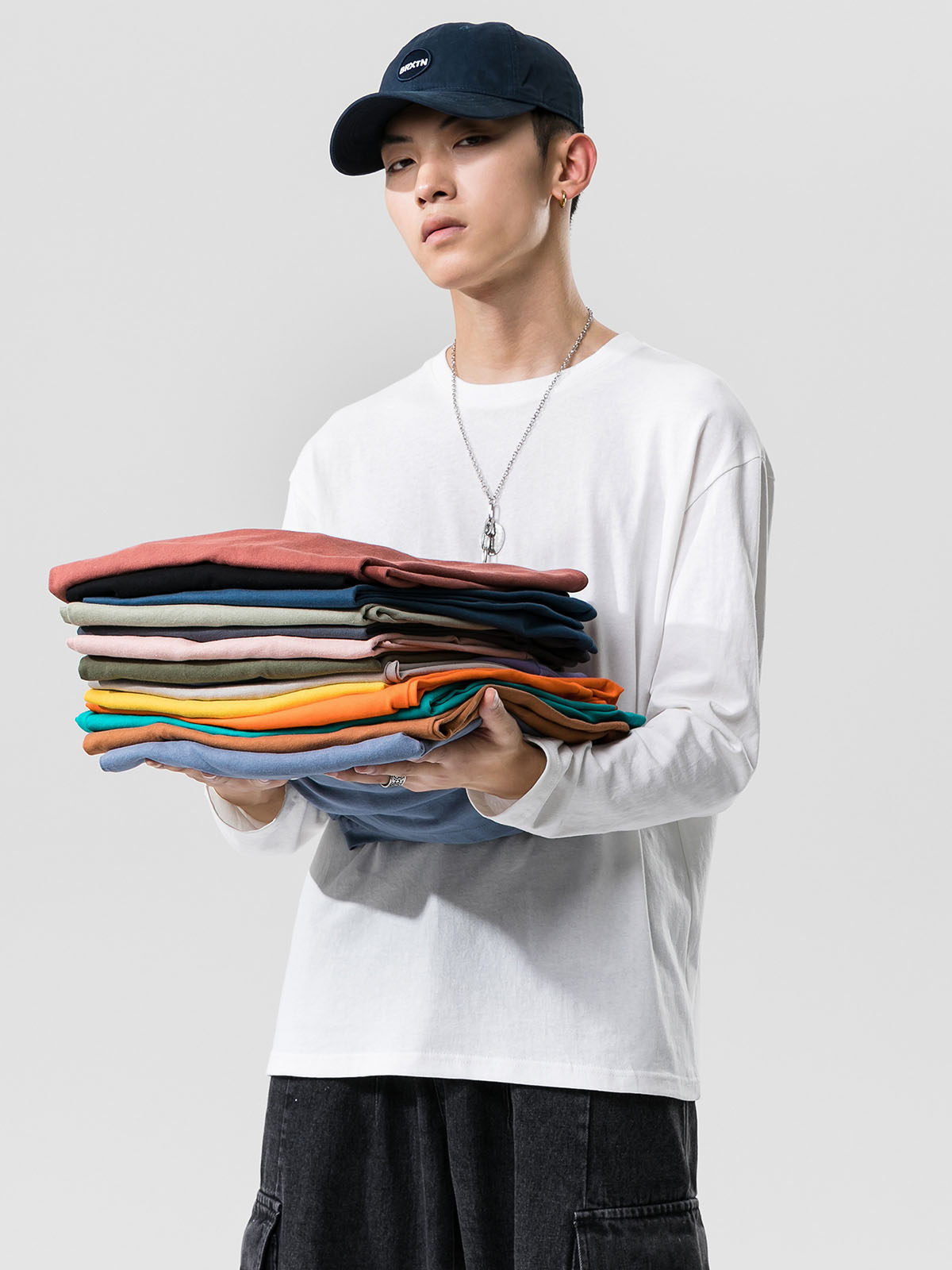 Pure cotton long-sleeved T-shirt men's solid color crew neck sports autumn clothes trend base shirt Loose and wild top Tide brand T-shirt