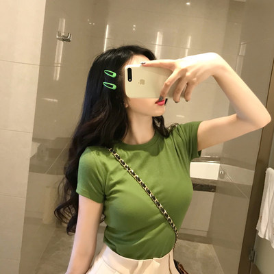 Retro white Avocado Green Round Neck fit high waisted short sleeve T-shirt frosted / Pumpkin Orange / light khaki in 3 colors