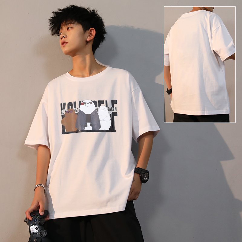 341 White [Loose]Port style Short sleeve male T-shirt summer Thin easy trend Ice feeling jacket solar system Heavy cotton T-shirt elbow sleeve Compassionate