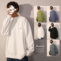 White round neck sweater men Spring and Autumn loose trend 2021 New coat plus velvet high neck thick boy coat