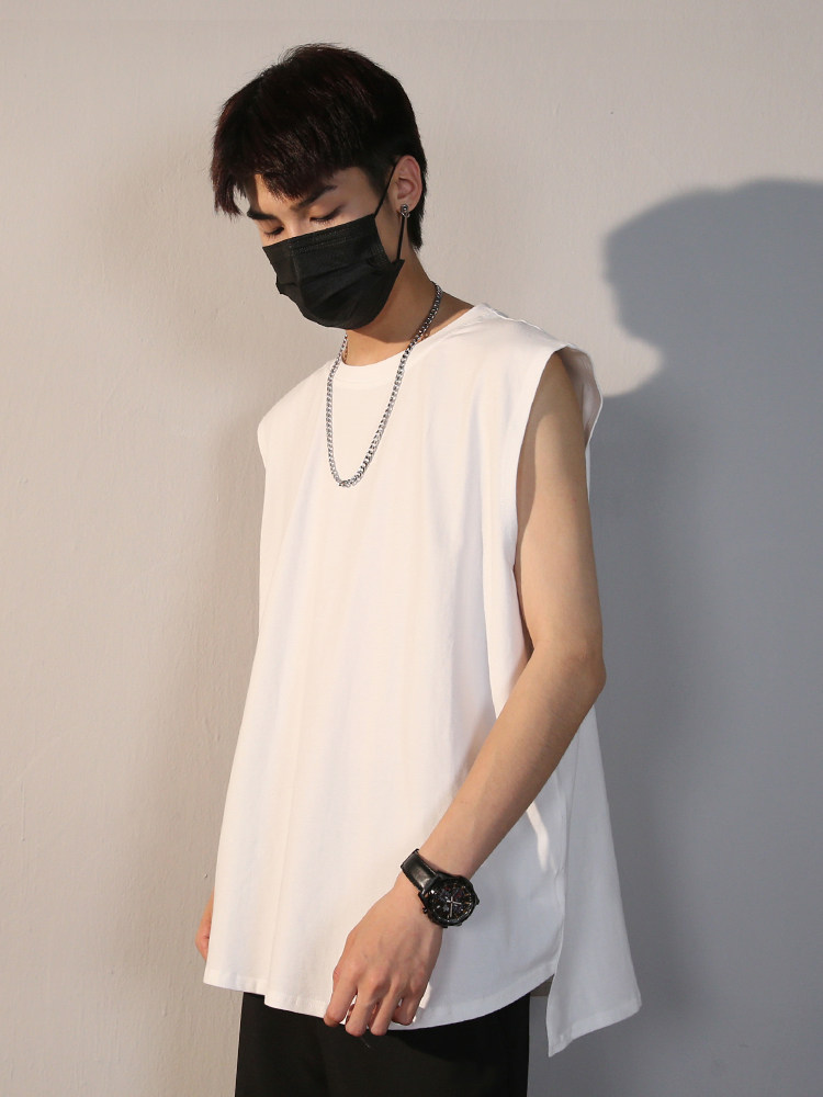 Sleeveless T-shirt vest men's summer fashion brand loose waistband wear trend ins pure cotton white fitness sports top