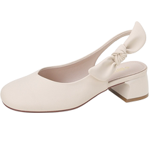 Dadong Hou Kong Shoes Womens Shoes 2024 Spring and Autumn Sweet Bow Round Toe Thick Medium Heel Breathable Skirt Shoes 0016