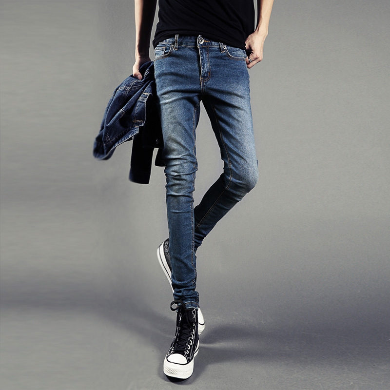 Summer Trendy Korean-Style Men's Skinny Jeans in Light Blue with Distressed Vintage Pencil Cut, Stretchy Slim-Fit Pants, Stylish