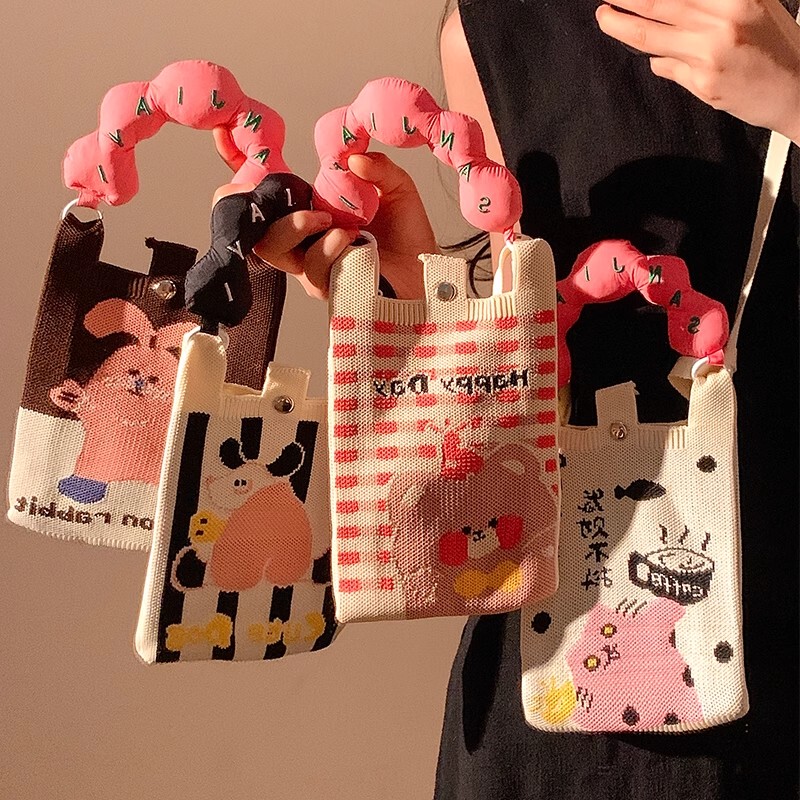 Cute Cartoon Korean Style Knitted Handbag for Women, New Single Shoulder Crossbody Phone Bag, Portable Coin Purse, Mini Bag
