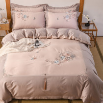 Bed cotton four-piece cotton embroidery new Chinese style quilt cover sheets 100 high-grade double bedding