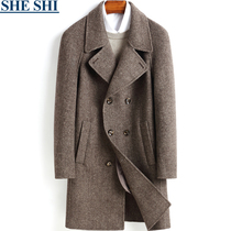 New Albaca double sided wool coat mens medium long handmade herringbone textured cashless jacket winewear mens clothing