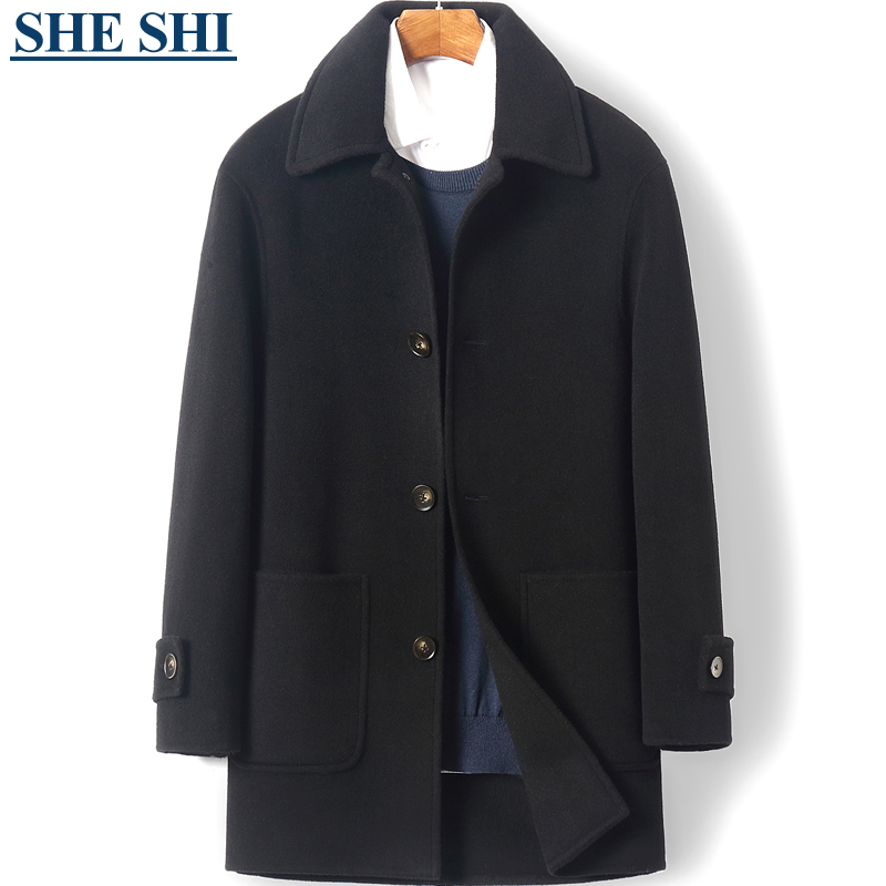 Autumn and winter thickened business casual double-sided cashmere coat men's mid-length lapel loose wool woolen coat windbreaker