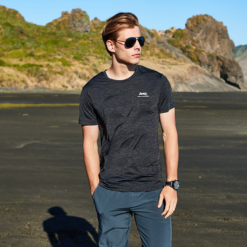 jeep gip gip summer speed dry t-shirt male outdoor casual sports men short sleeve shirt youth pure color round collar breathable