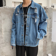 Breaking lỗ denim jacket nam phiên bản Hàn Quốc của Hồng Kông Gió 2019 mùa xuân mới và mùa thu loose-fitting áo khoác xu hướng thời trang thương hiệu cổ điển áo khoác.